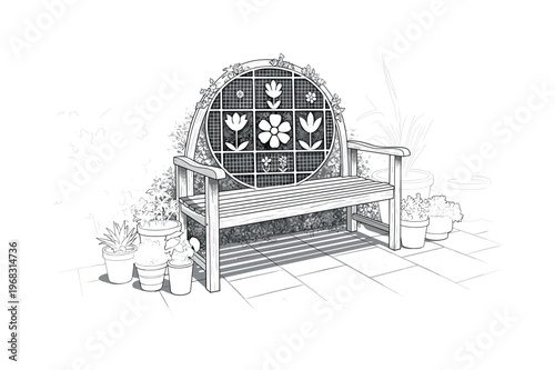 backyard wooden bench circular grids thin lines and abstract flower icons realistic monochrome simple rustic wooden bench on patio with potted plants and