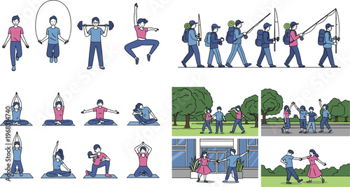 Outdoor Activities and Fitness Illustration Set with Hiking, Fishing, Yoga, Jump Rope and Walking Scenes Flat Vector Collection