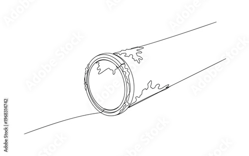 Corrosion Damage. Minimalistic one-line drawing pipe section with surface degradation and rust accumulation, continuous single black line on white background,