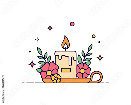 Candle flame flickering decorative centerpiece concept where a candle in a holder flickers gently among flowers while tiny sparkle and star icons highlight