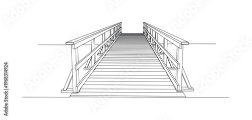 Timber Footbridge. Minimalistic one-line drawing narrow wooden bridge with planks and handrails over water, continuous single black line on white background,