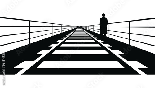 A man standing alone on a long bridge with a white background