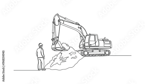 Site Excavation. Minimalistic one-line drawing heavy machinery digging earth with worker supervising, continuous single black line on white background, simple