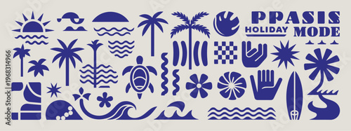 Tropical beach icon set showcasing palm trees, waves, sun, turtle, surfboard, and seasonal summer symbols, crafted as a clean and minimal vector collection perfect for holiday designs