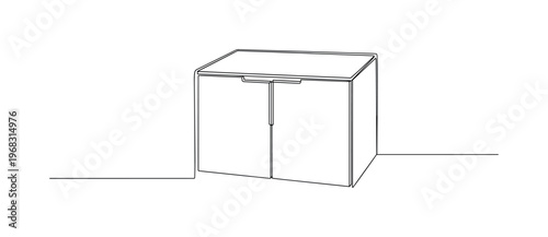 Hidden Handles. Minimalistic one-line drawing cabinet with flush, built-in handles subtly integrated into doors, continuous single black line on