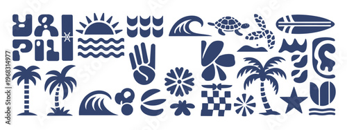 Tropical beach icon set with palm trees, waves, sun, turtle, surfboard, and summer travel symbols, presented as a minimal vector collection with clean shapes, balanced composition, and modern design