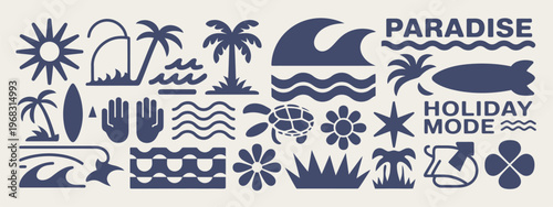 Tropical beach icon set featuring palm trees, ocean waves, bright sun, sea turtle, surfboard, and summer travel elements, designed in a minimal vector style suitable for vacation visuals, travel apps,