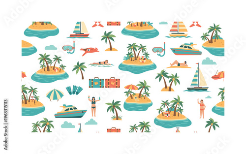 island getaway motifs seamless pattern, repeating pattern, surface design, textile print, modern illustration of tropical islands, boats, tourists, snorkeling