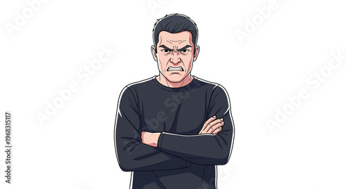 Angry Man with Crossed Arms Expressing Frustration.