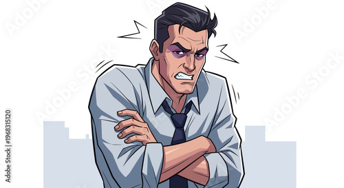 Angry Businessman Expressing Frustration with Crossed Arms.
