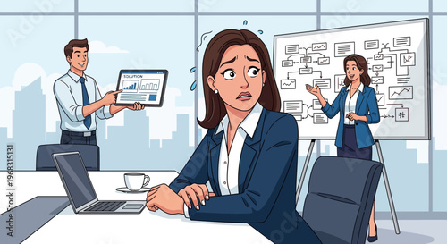 Anxious businesswoman in a stressful office meeting presentation.