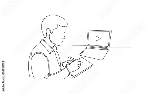 Study Session. Minimalistic one-line drawing individual taking notes while following video lecture, continuous single black line on white background, simple