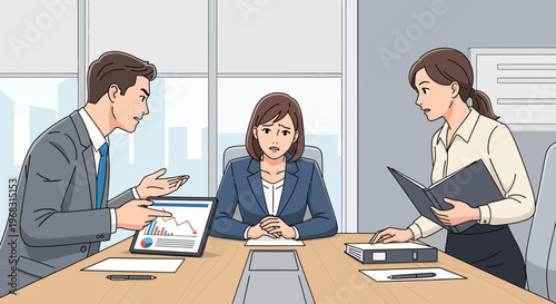 Business Meeting Conflict Three People Discussing Work.