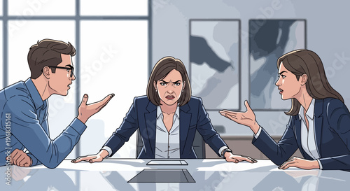 Business meeting conflict between three professionals in office setting.