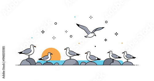 Seagulls coastal sunset gathering scene where birds rest on rocks while tiny sparkle and star icons highlight natural rhythm, beauty, and community behavior.