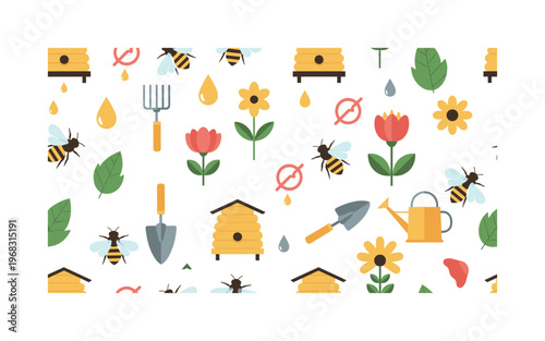 honeybee icons seamless pattern, repeating pattern, surface design, textile print, modern illustration of bees, flowers, beehives, nectar, leaves, gardening