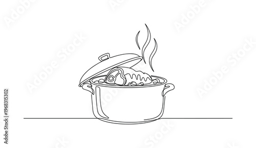 Pot Roast. Minimalistic one-line drawing braised meat in cooking pot with steam, continuous single black line on white background, simple outline style, no