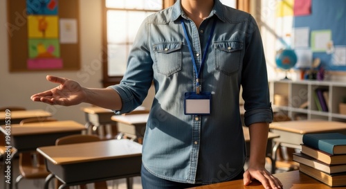 Female teacher gesturing in empty modern classroom with colorful posters and natural light