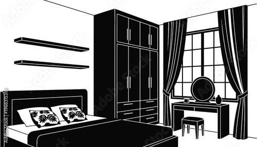 A black and white illustration of a modern bedroom interior design