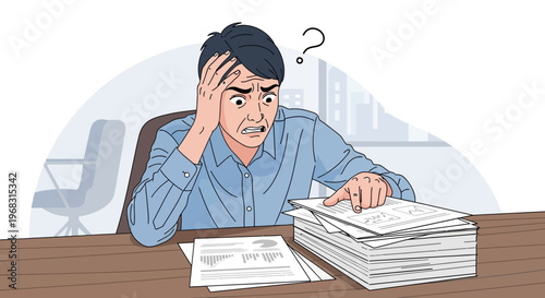 Confused Man Overwhelmed by Stack of Papers at Desk.