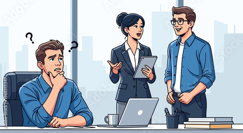 Confused man in office with colleagues discussing work.