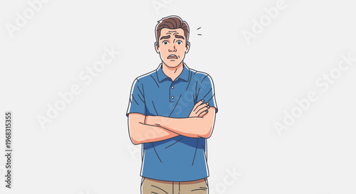 Confused Man Standing Arms Crossed Expressing Doubt.