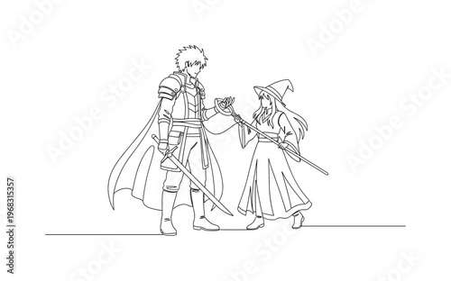 Couple Costume Play. Minimalistic one-line drawing two cosplayers interacting as anime characters, continuous single black line on white background, simple