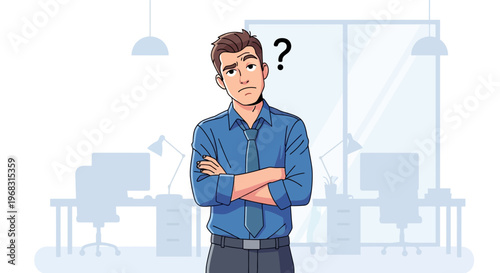 Confused Man Standing Arms Crossed in Office Environment.