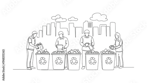 Sustainable Community. Minimalistic one-line drawing residents placing items in separate recycling containers, continuous single black line on white
