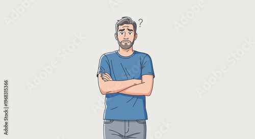 Confused man with arms crossed and question mark above head.