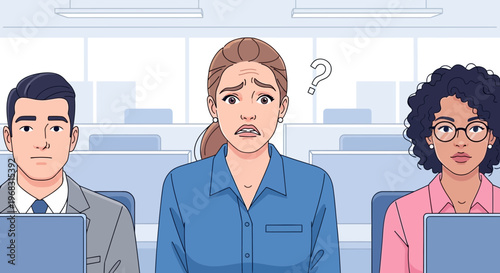 Confused Woman In Office Surrounded By Colleagues.