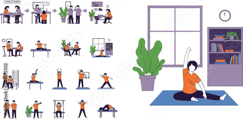 Office Work and Home Fitness Illustration Set with People Exercising, Team Communication, Workplace Activities and Healthy Lifestyle Flat Vector Collection