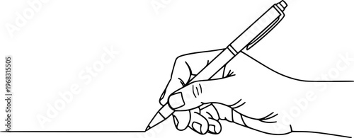 Hand holding pen writing white background simple line isolated