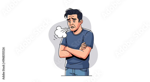 Man Coughing With Arms Crossed Feeling Unwell.
