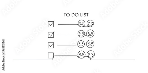 Task Feeling Labels. Minimalistic one-line drawing to-do list with checkboxes and emotion icons, continuous single black line on white background, simple