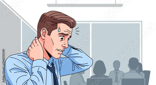 Man Experiencing Stress and Discomfort in Office Setting.