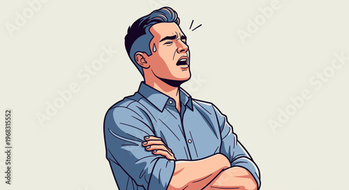 Man Expressing Frustration with Arms Crossed.