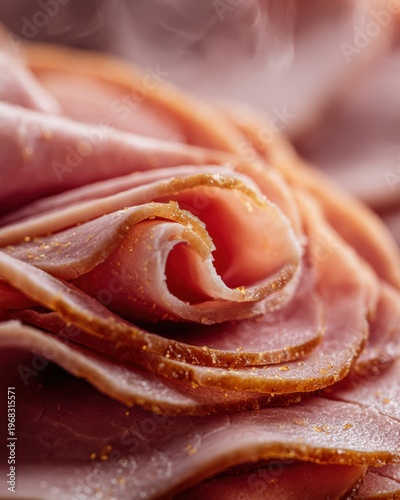 Spiral sliced ham texture juicy meat layers minimal food background copy space
