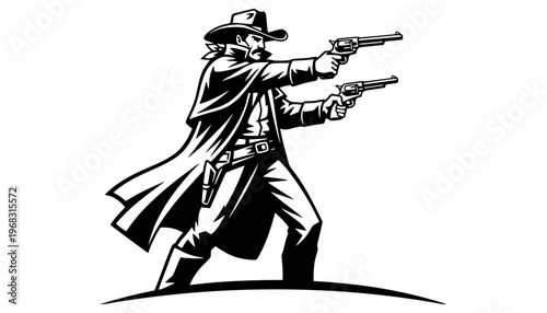 A cowboy icon illustration holding two guns in a duel stance