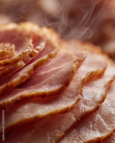 Spiral sliced ham texture juicy meat layers minimal food background copy space

