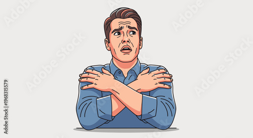 Man Hugging Himself Looking Scared and Anxious.