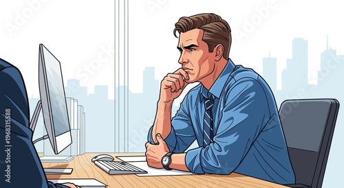 Man in blue shirt thinking deeply at desk.