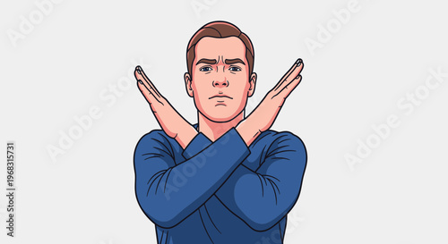 Man making a stop gesture with his arms crossed.