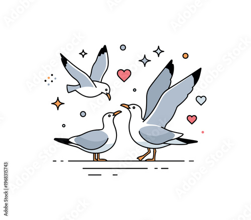Seagulls mating display scene where a pair performs courtship behavior while tiny sparkle and heart icons highlight natural interaction, wildlife behavior, and