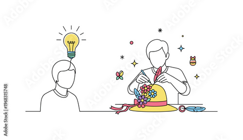 Sudden Eureka. Minimalistic one-line drawing individual with glowing lightbulb and small spark lines representing sudden understanding, continuous single black