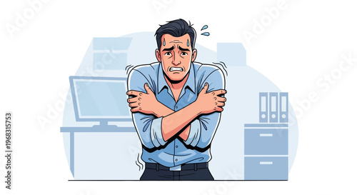 Man Shivering Cold Office Feeling Uncomfortable.