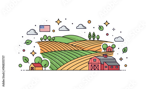 America rural farmland scene where fields, barns, and rolling hills appear while small sparkle and leaf icons emphasize agriculture, tradition, and pastoral