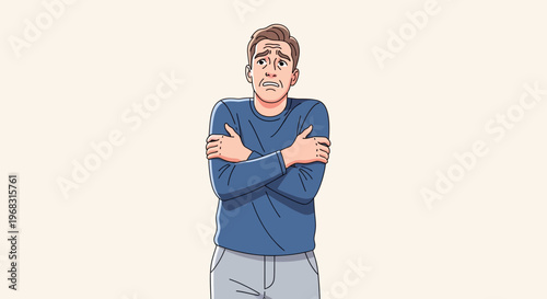 Man shivering from cold with arms crossed.