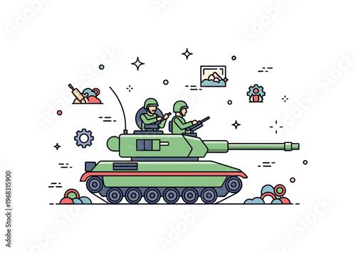 Tanks tank crew teamwork concept where soldiers operate a tank from inside while tiny sparkle and gear icons highlight coordination, skill, and technological