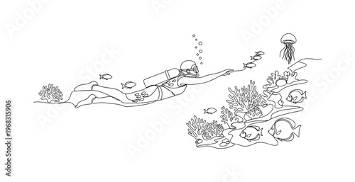 Diving Adventure. Minimalistic one-line drawing person exploring underwater world with coral and marine life, continuous single black line on white background,